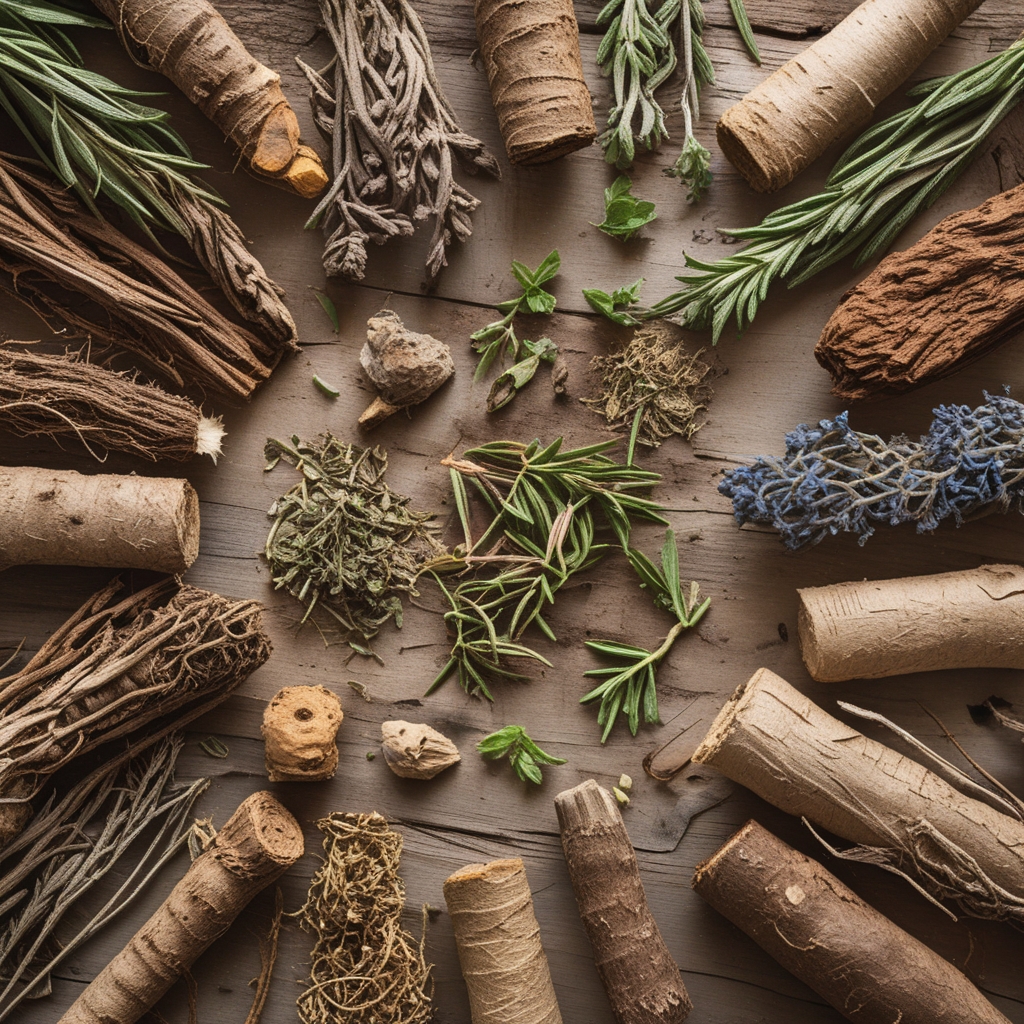 Close-up macro photograph of dried aromatic herbs, roots and plant extracts arranged on a rustic wooden surface with natural texture