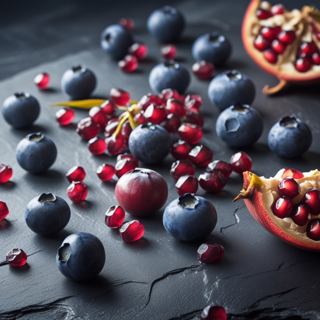Rich deep purple and red berries including blueberries, pomegranate seeds and blackberries scattered on a dark slate surface with natural lighting
