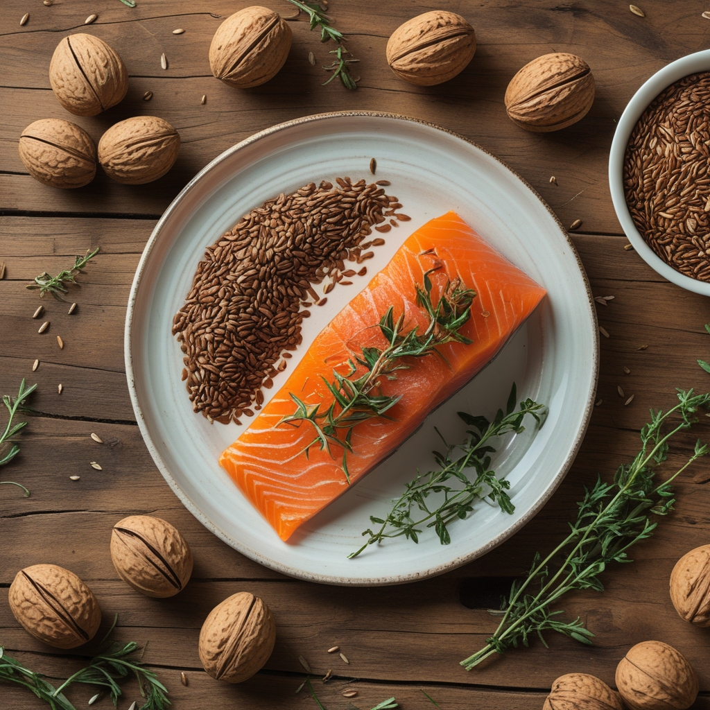 Whole walnuts, flaxseeds and a fresh salmon fillet arranged on a white ceramic plate with sprigs of fresh herbs on a wooden table