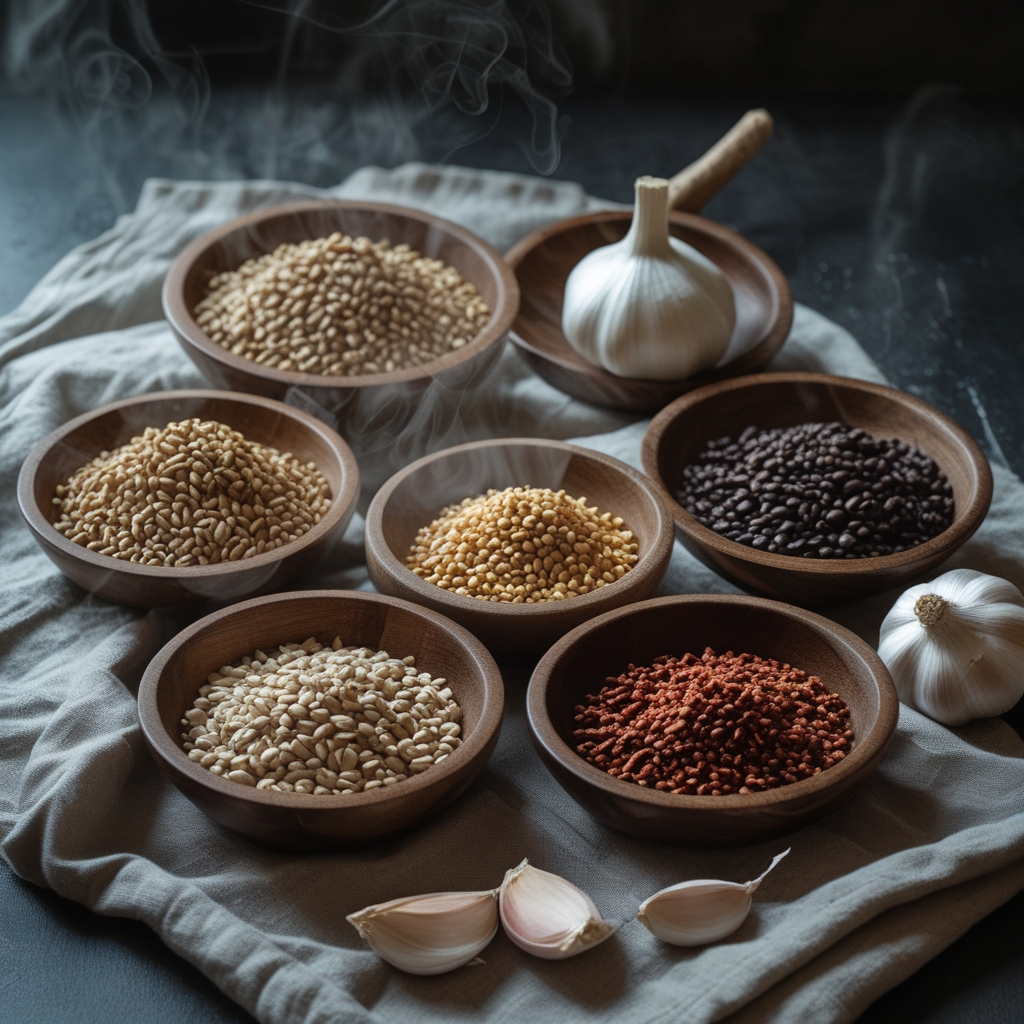 Whole grains, legumes, garlic, onions and chicory root arranged in small wooden bowls on a linen cloth, representing prebiotic food sources