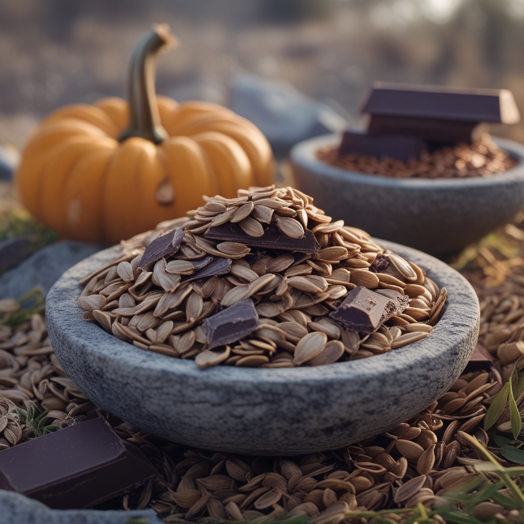 Close-up of raw pumpkin seeds, sunflower seeds, dark chocolate pieces and sesame seeds in small stone bowls representing trace mineral sources