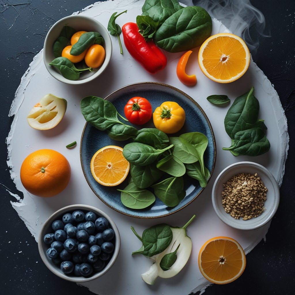 Assortment of colourful fresh fruits and vegetables including oranges, spinach, peppers and blueberries arranged on a white background