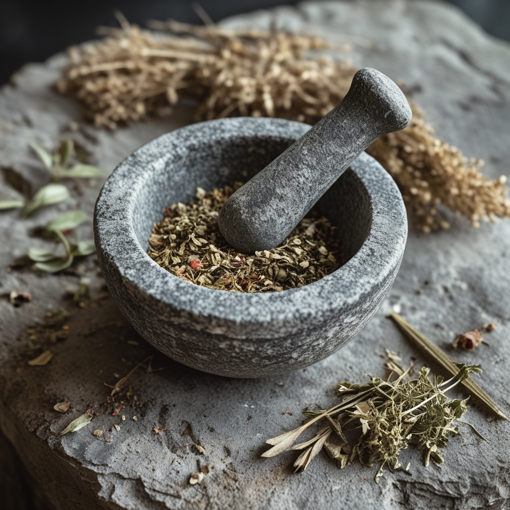 Ancient stone mortar and pestle with dried herbs and natural plant materials on weathered stone, evoking classical antiquity