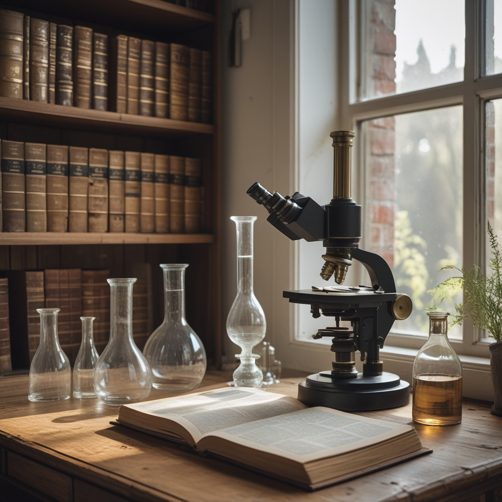 Vintage scientific laboratory glassware and botanical reference books open on a wooden desk with a brass microscope in natural window light